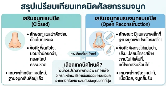 เปรียบเทียบเทคนิคเสริมจมูกแบบปิดและแบบเปิด สำหรับผู้ที่ต้องการทำจมูก เชียงใหม่